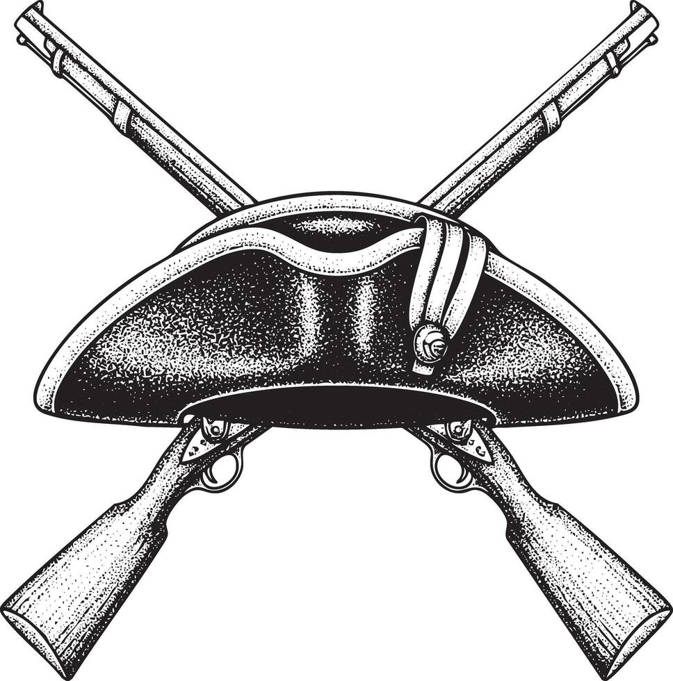 Vintage engraved crossed muskets with colonial liberty cap vector