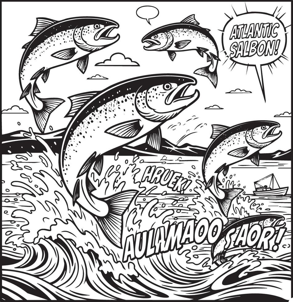 Atlantic salmon fish illustrations in retro black and white comic book style vector