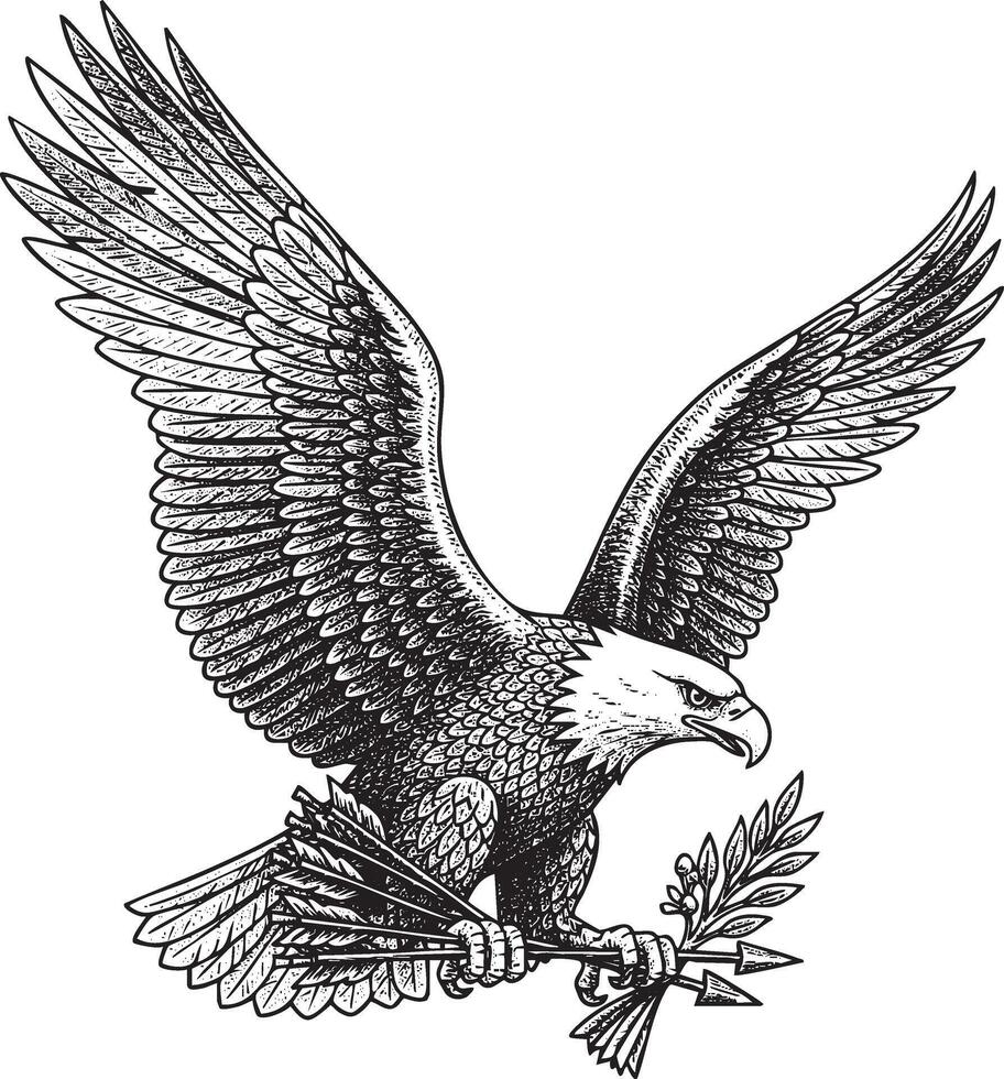 American bald eagle holding arrows and olive branch silhouette vector