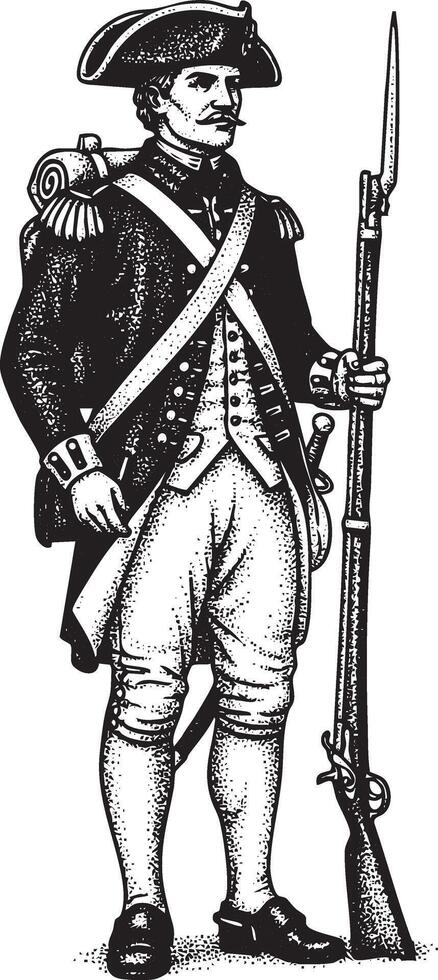 Vintage engraved american revolutionary soldier standing guard with musket vector