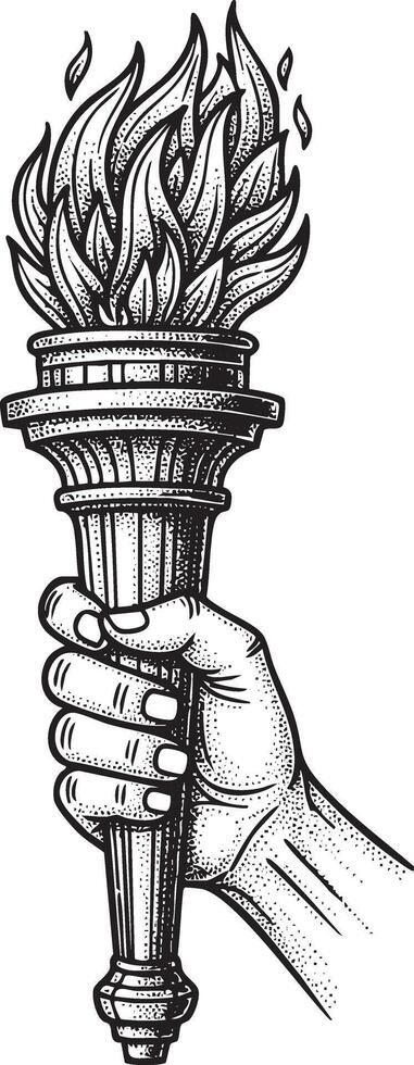 hand holding torch vintage stipple engraving style vector