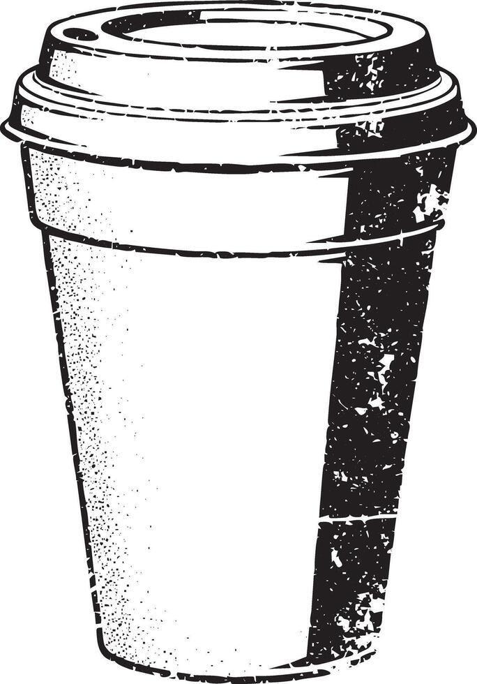 Styrofoam coffee cup and lid, retro stencil illustration stamp with distressed grunge texture vector