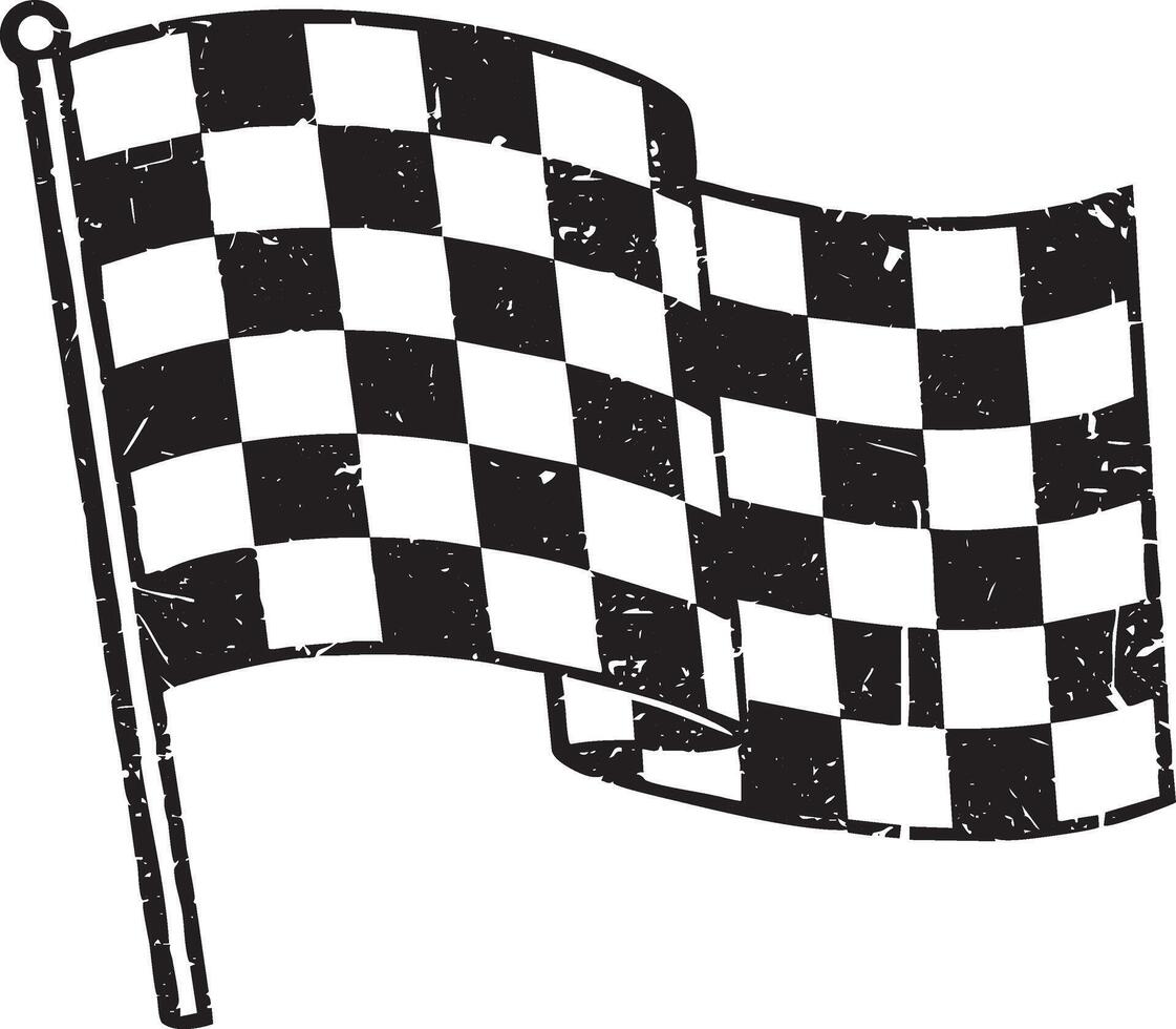 Checkered racing flag retro stencil illustration stamp with distressed grunge texture vector