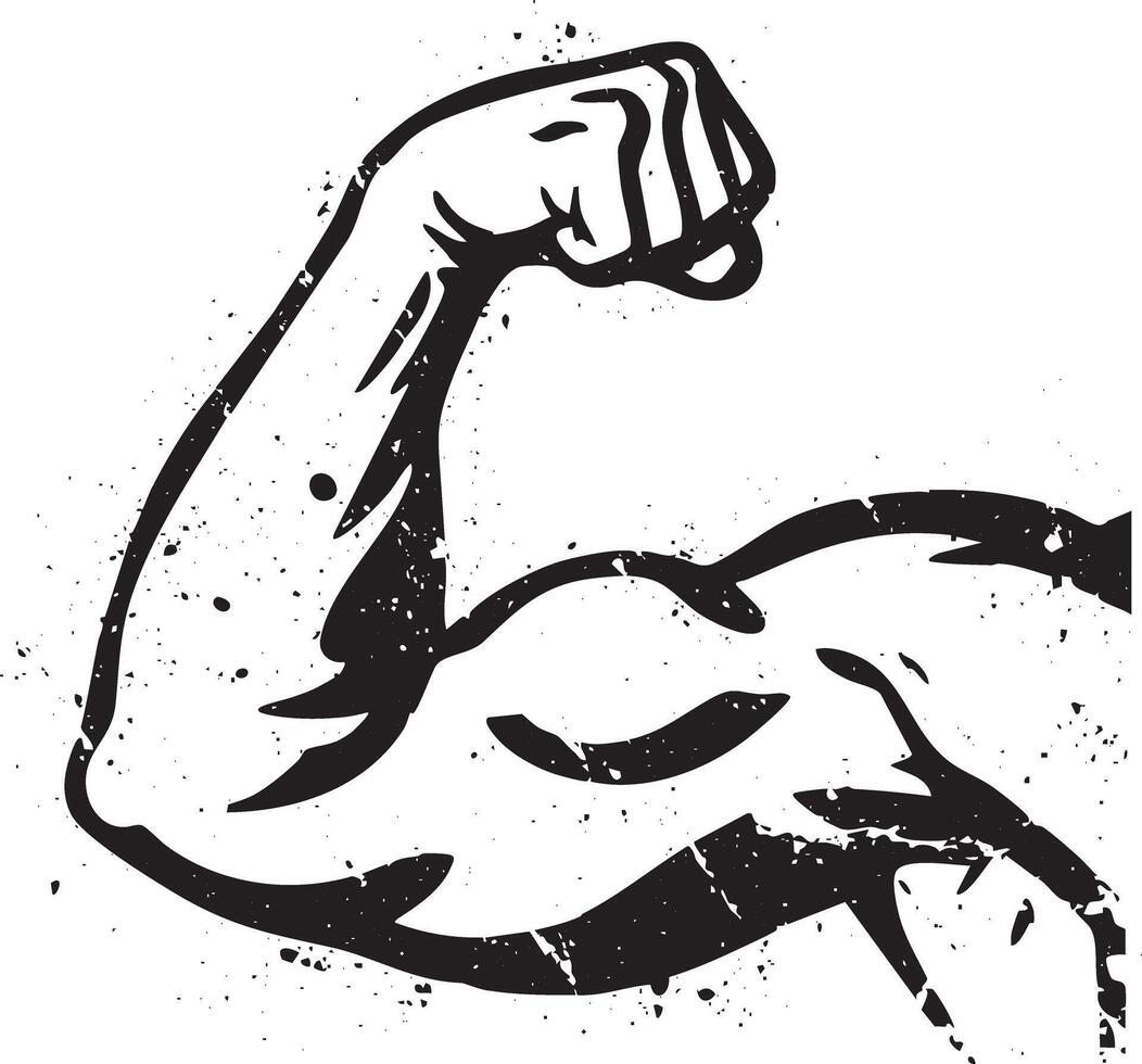 Strong arm flexing biceps retro stencil illustration stamp in distressed grunge style vector