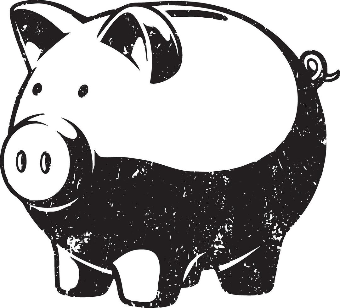 Classic piggy bank retro stencil illustration stamp with distressed grunge texture vector