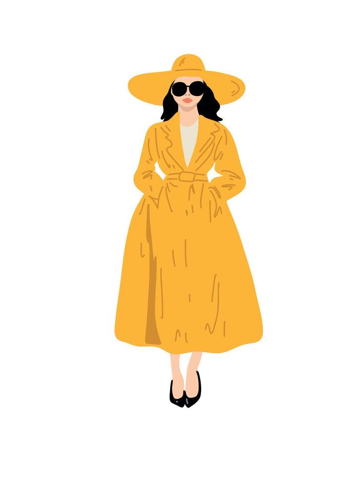 fashionable woman in coat and hat full length illustration vector