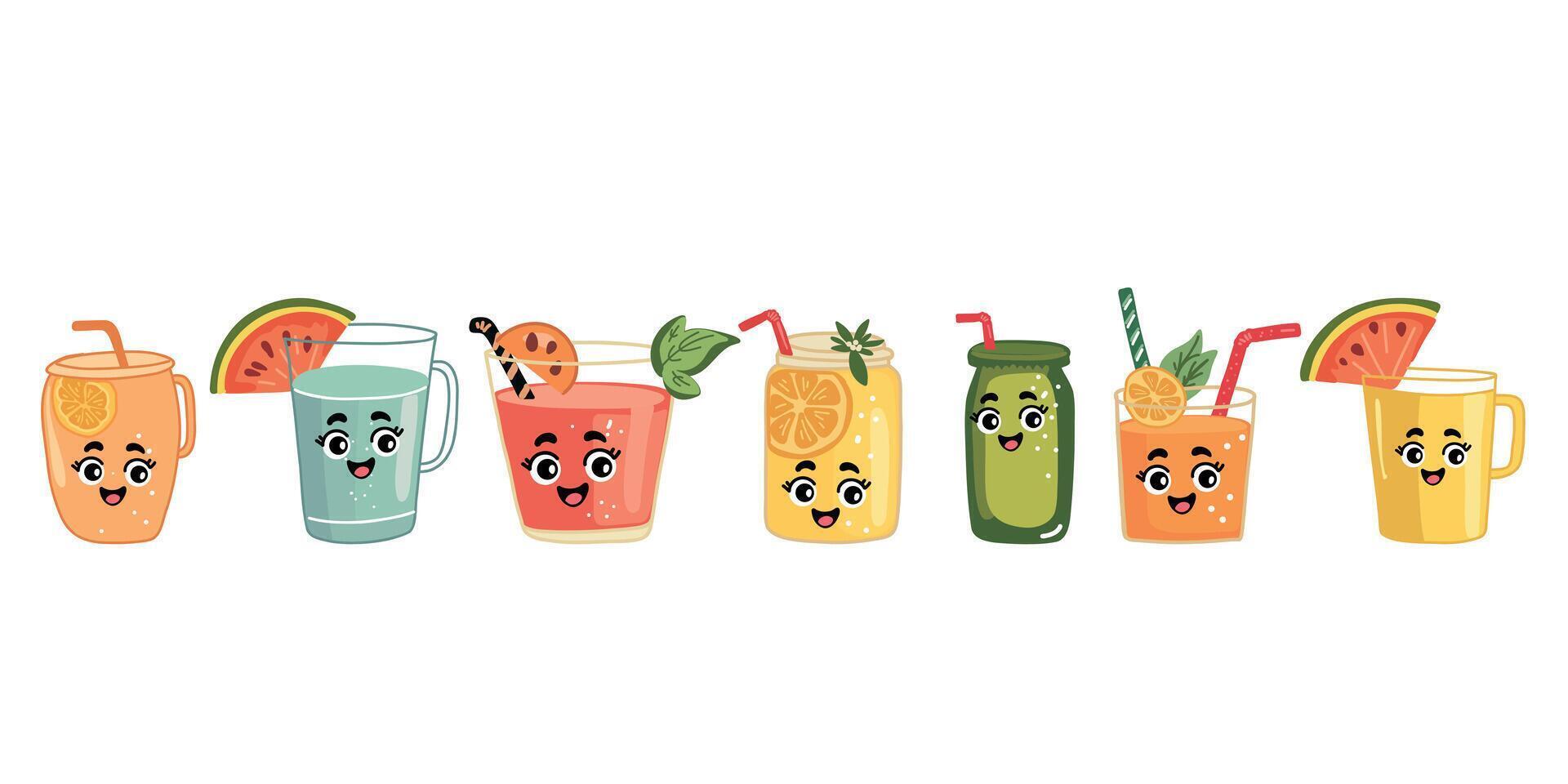 set of bright cartoon summer drinks in glasses vector