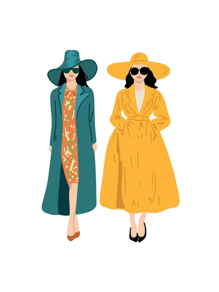 two stylish women in bright coats, hats, and glasses illustration vector