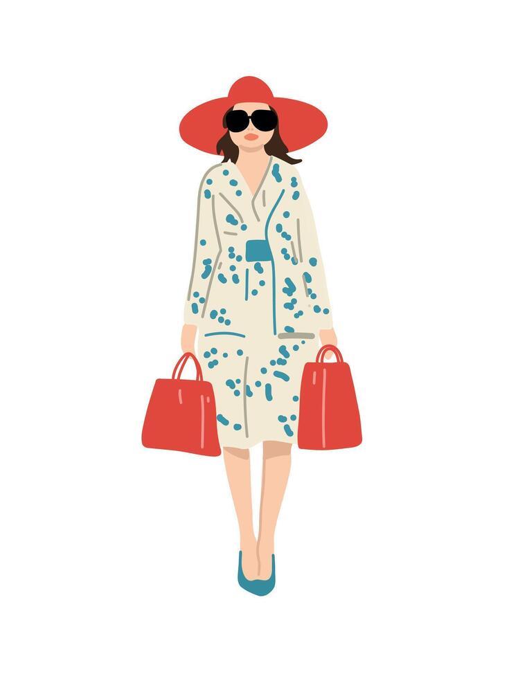 modern woman with shopping bags and hat in coat illustration vector
