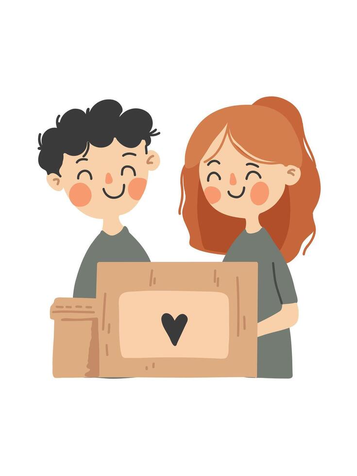 illustration man and woman unpacking groceries together vector
