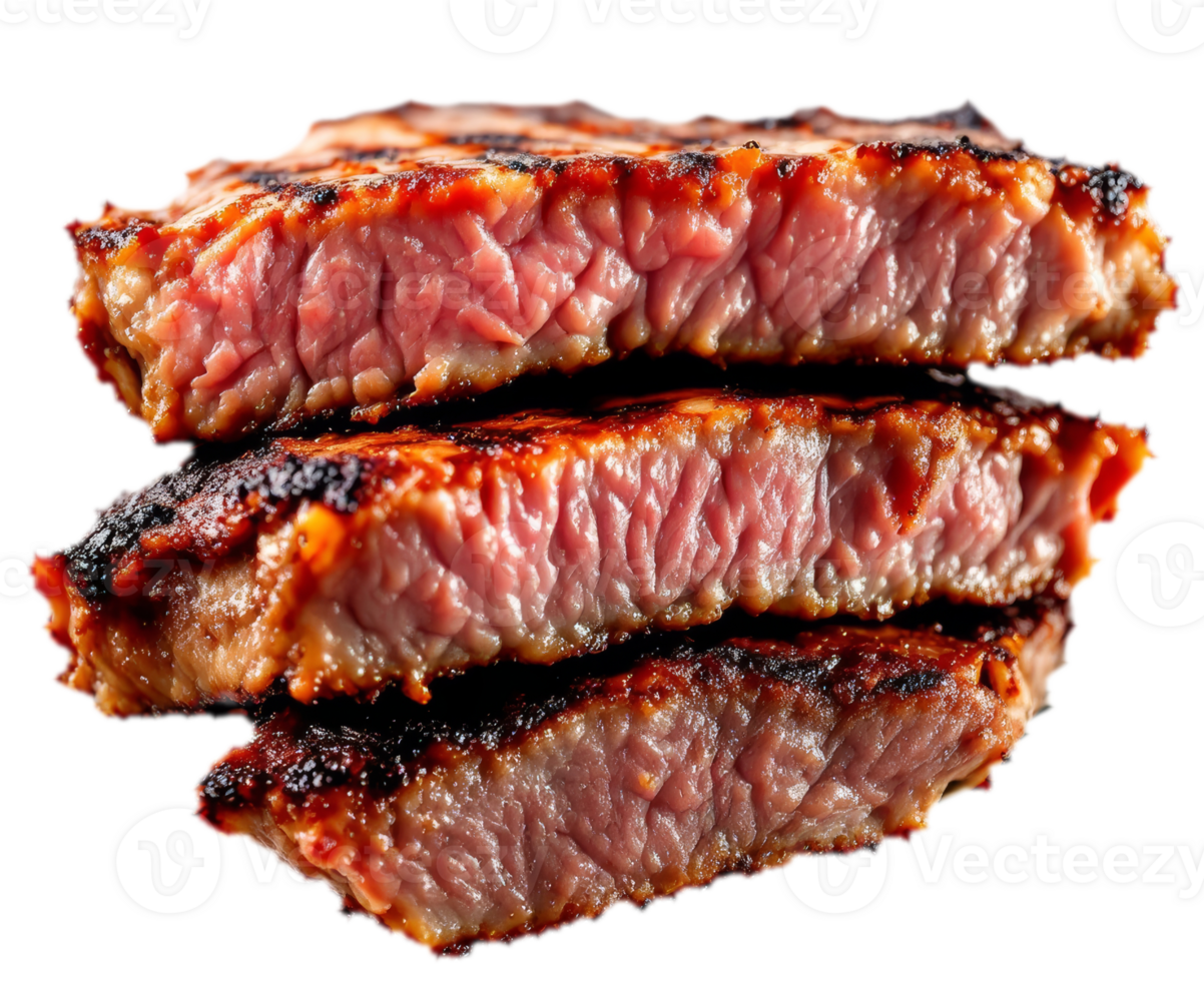 Close up stack of three juicy grilled steaks with charred edges and light background png