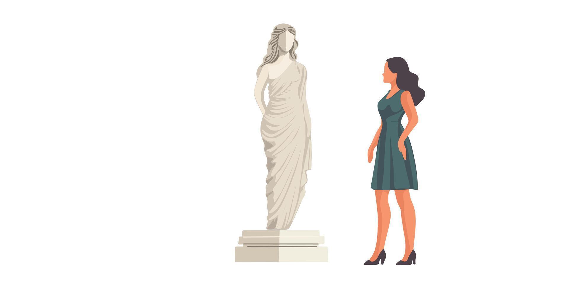 woman visiting museum and admiring sculpture illustration vector