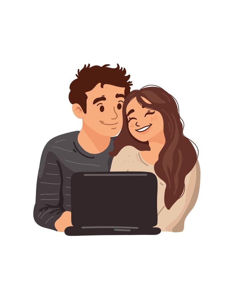 cute young man and woman with laptop illustration vector