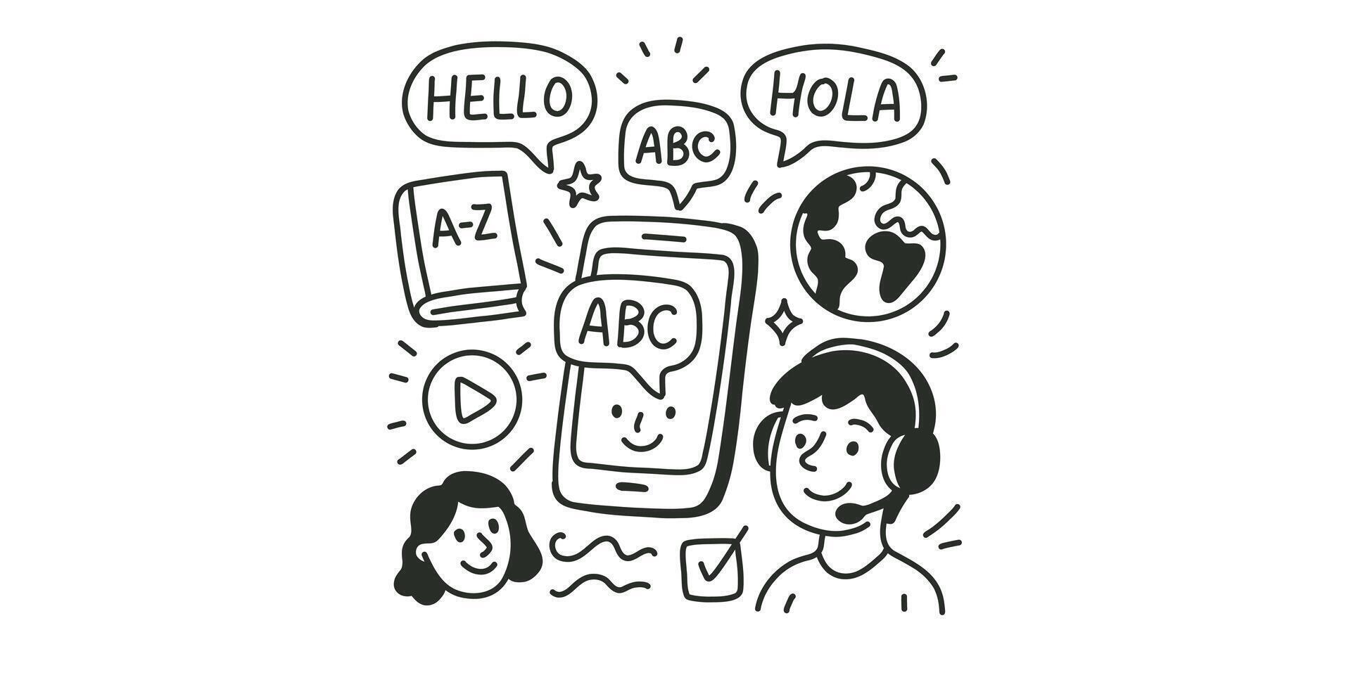 doodle elements set for language learning illustration vector