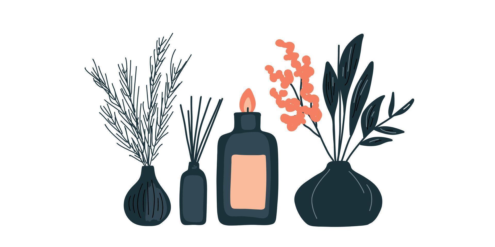 set of vases with flowers and aroma candles illustration vector