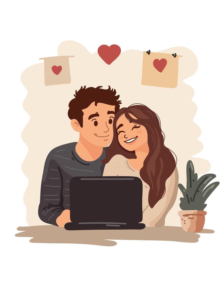Couple working on laptop together vector