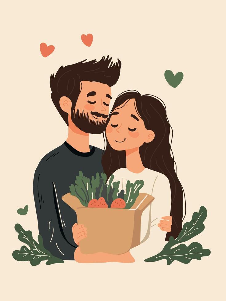 Couple with vegetables smiling together vector