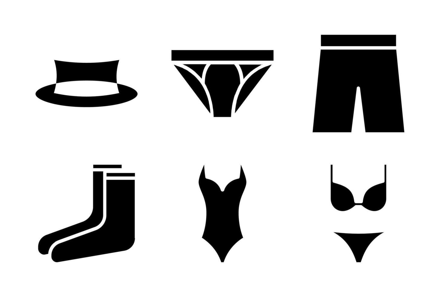 Glyph icons for summer clothing including swimsuit, short pants, men and women underwear, hat, and socks. Ideal for beach, resort, or holiday content vector