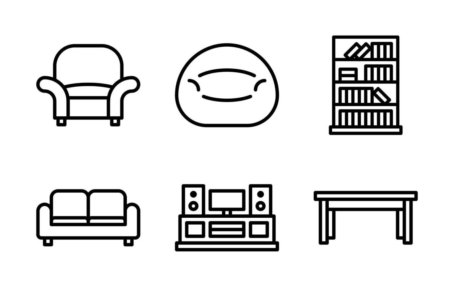 Minimalist line icon set of living room furniture including armchair, couch, bean bag, table, bookcase, and entertainment center. Ideal for interior and home design. vector
