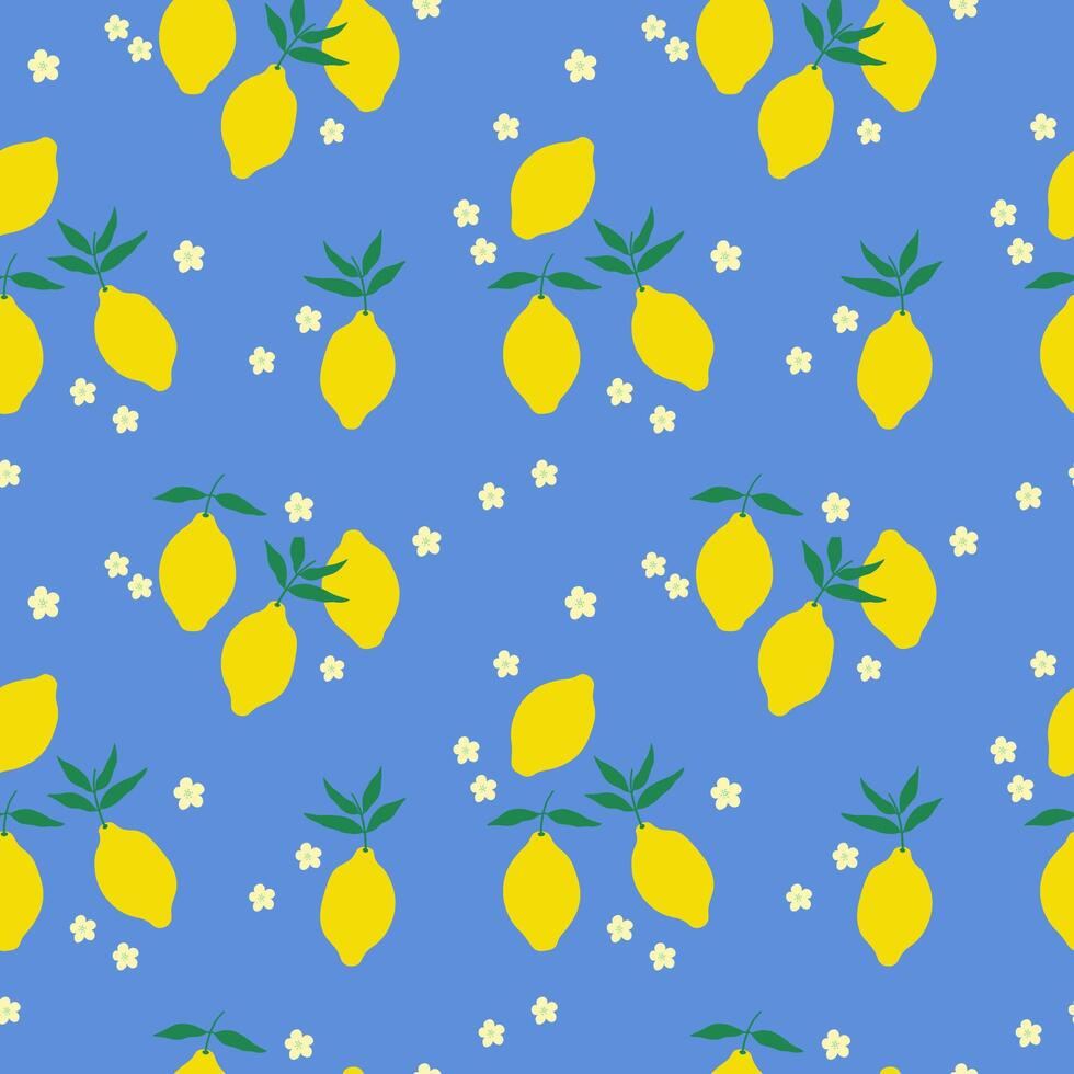 Seamless pattern with Lemon Citrus fruits and flower. Repeating blue background with yellow citrons, leaf, bloom tree. Rapport with Lime plant branch for wrapping, textile, paper, card, print vector