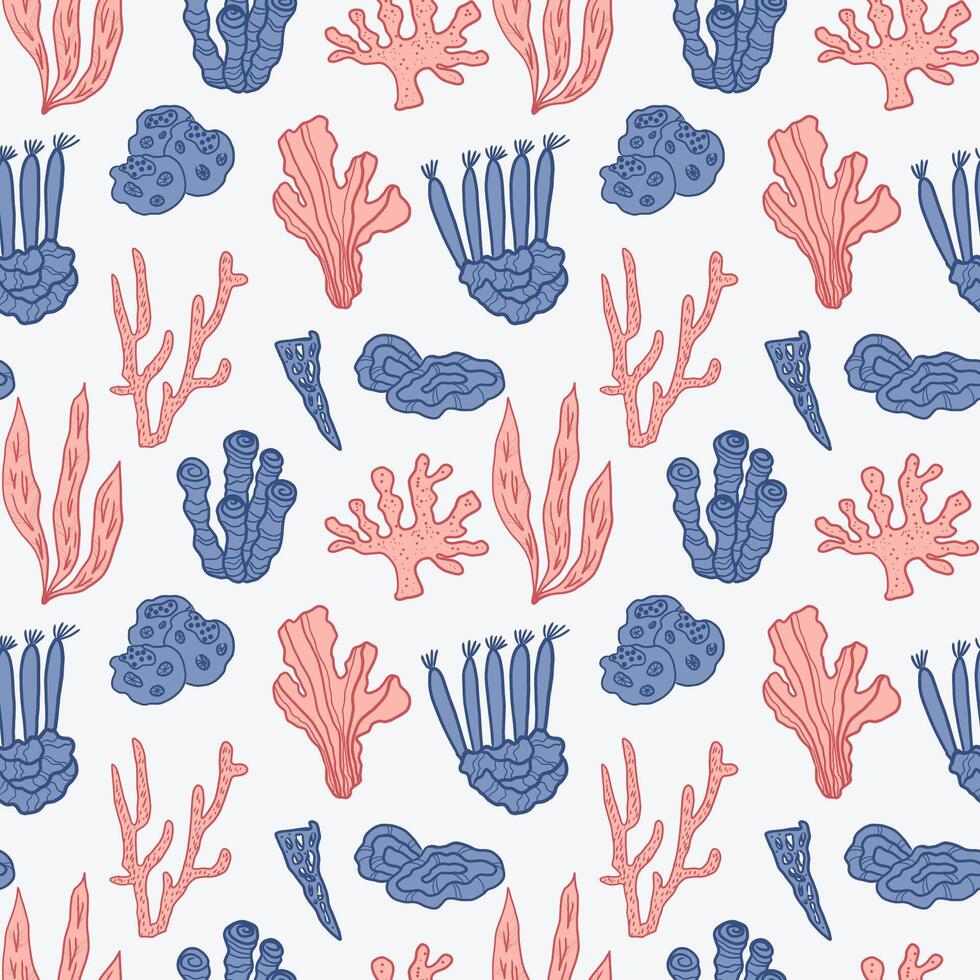 Seashells seamless pattern illustration nautical motif. Repeating background with conches, fish, sea plants for template, textile, print, card, poster. Texture for beach, sea, seafood, summer vector