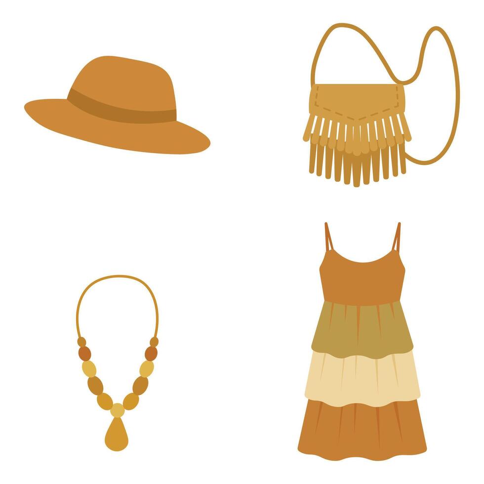 Boho summer accessories including hat and dress vector