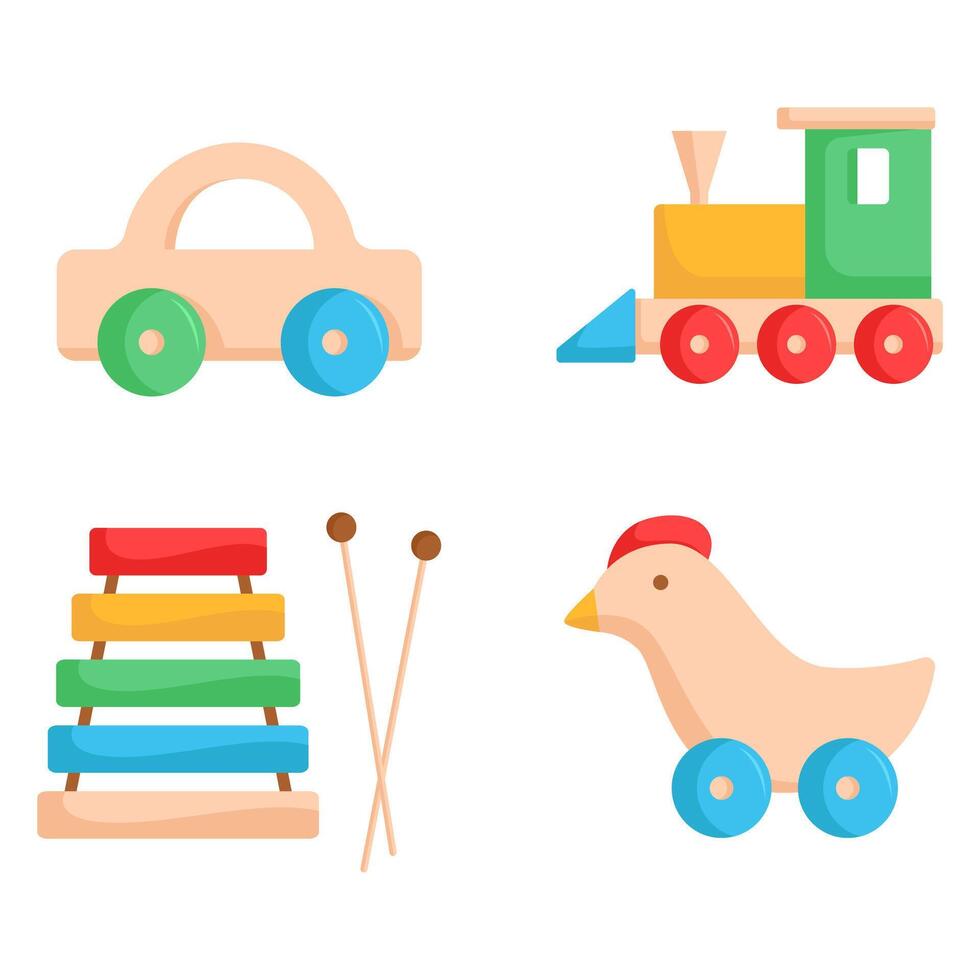 Classic Wooden Toy Vehicles and Instruments Illustration Set vector