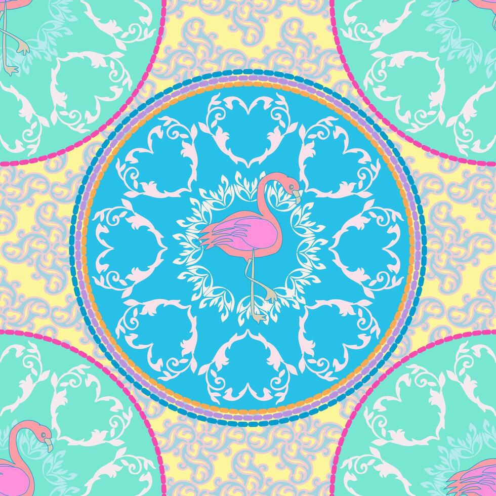 Vibrant medallion design featuring a pink flamingo in the center, surrounded by symmetrical damask-style motifs in pastel teal, yellow, and pink. For summer fashion prints tropical themed designs. vector