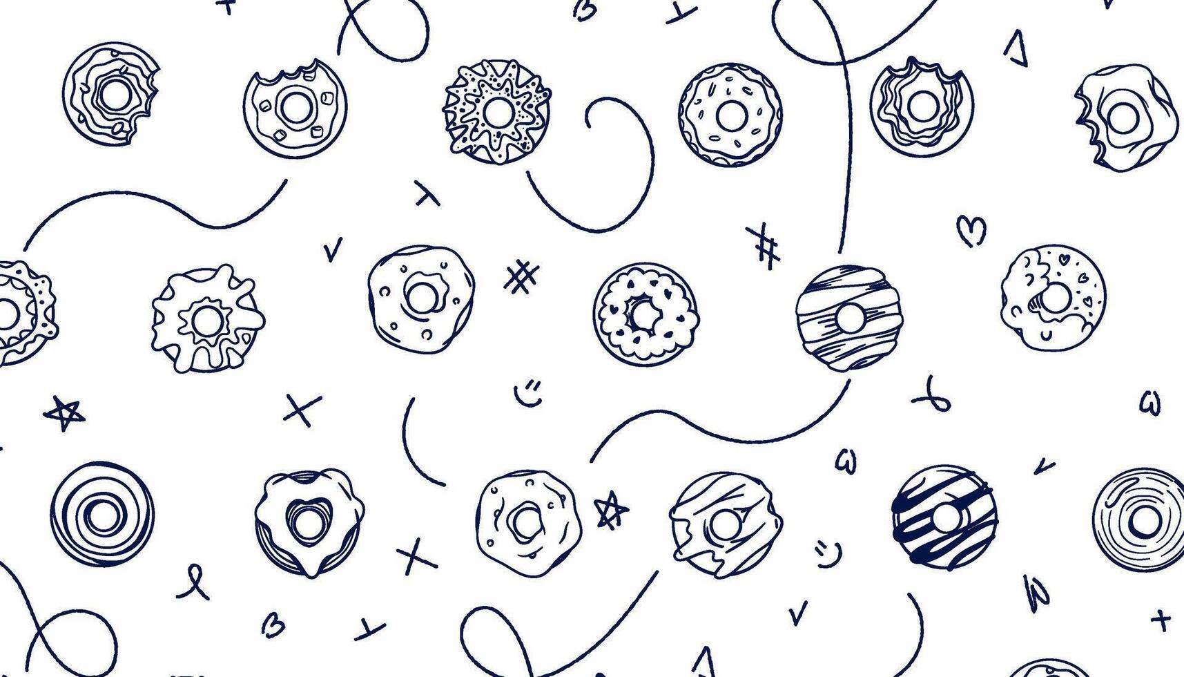Seamless doodle pattern with tasty donuts and frosting. Hand-drawn sweet dessert background. Fun sketch style pastry texture for kids design, packaging, textile, or menu. vector