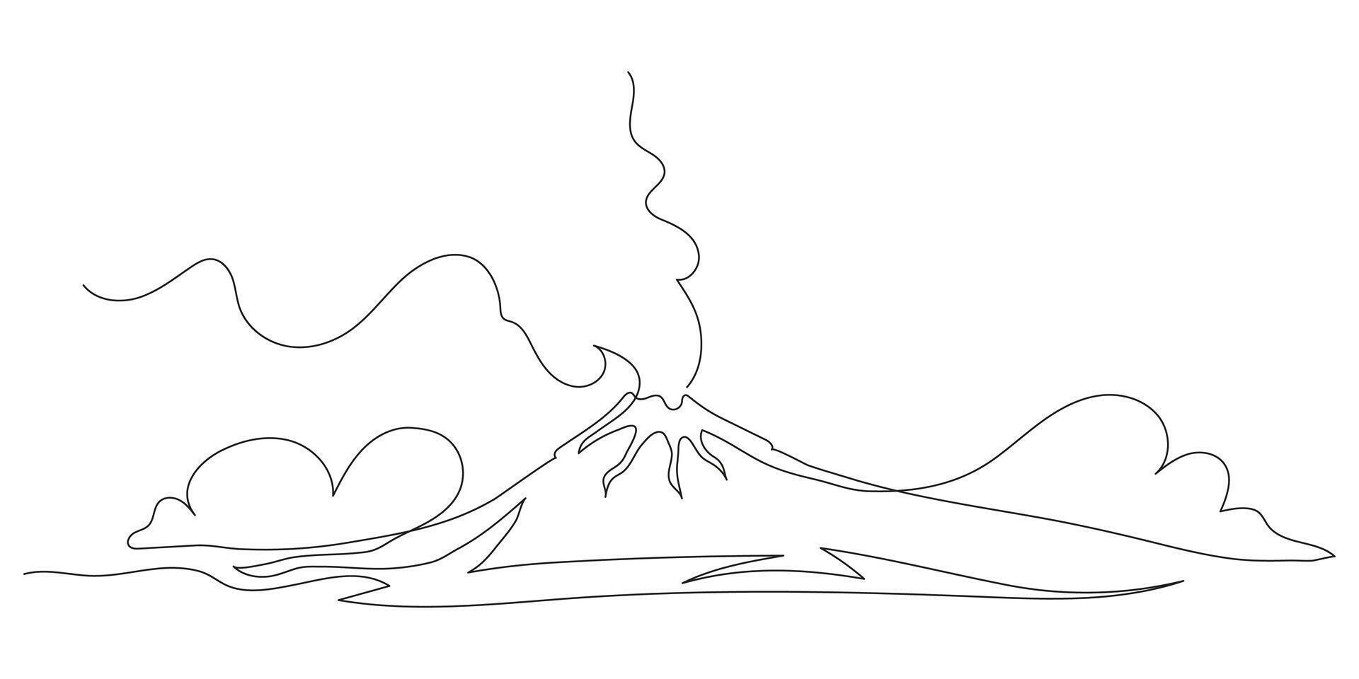 Mountain landscape in continuous one line style. Hand-drawn silhouette of Mount Fuji. Minimalist contour illustration of nature, rocks, and panoramic scenery. Isolated linear design. vector