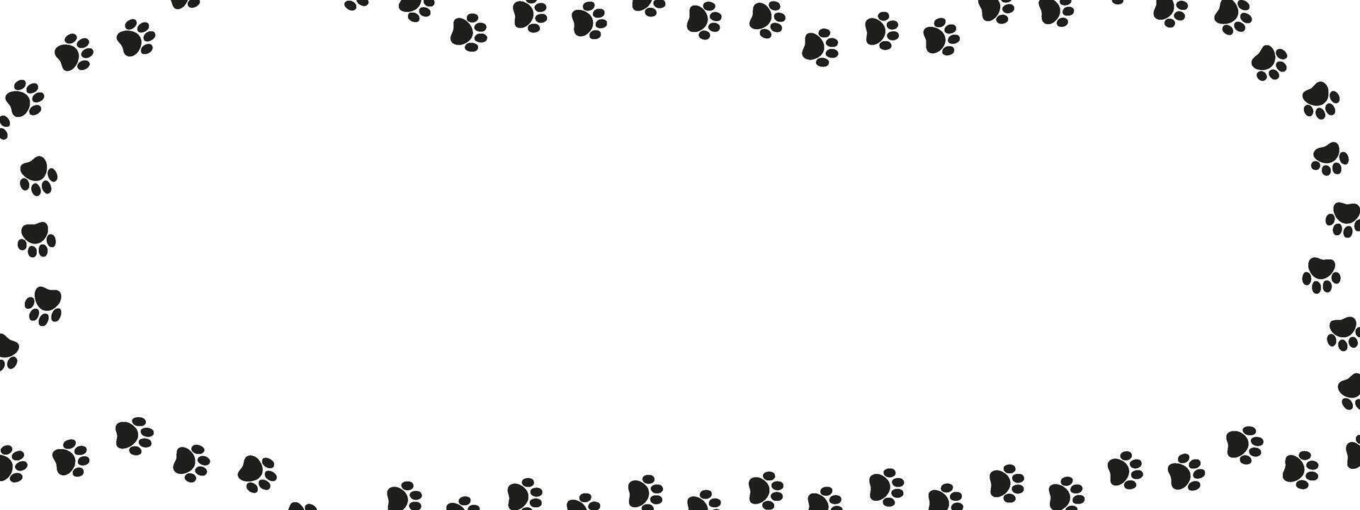 Rectangular paw print frame with blank center for text or image. Black dog or cat paw silhouette border. Perfect for pet shop ads, websites, flyers, or decoration. illustration. vector
