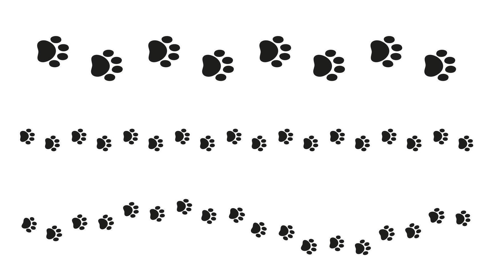 Paw print trail border separator silhouette. clipart of animal tracks in a row. Perfect for pet-themed designs, invitations, greeting cards, or website dividers. vector
