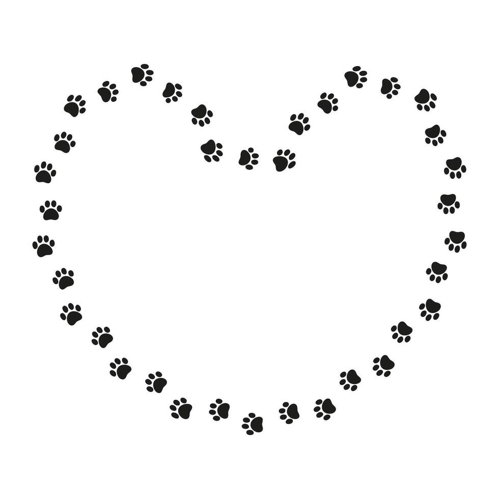 Heart shaped frame made of paw prints. Cute border with empty space for text or photo. Perfect for pet lovers, Valentines Day, or adoption designs. vector
