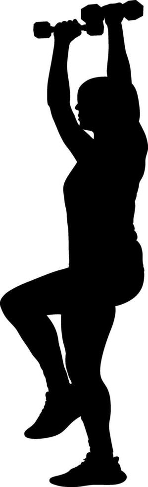Woman Performing Dumbbell Overhead Press While Balancing on One Leg vector