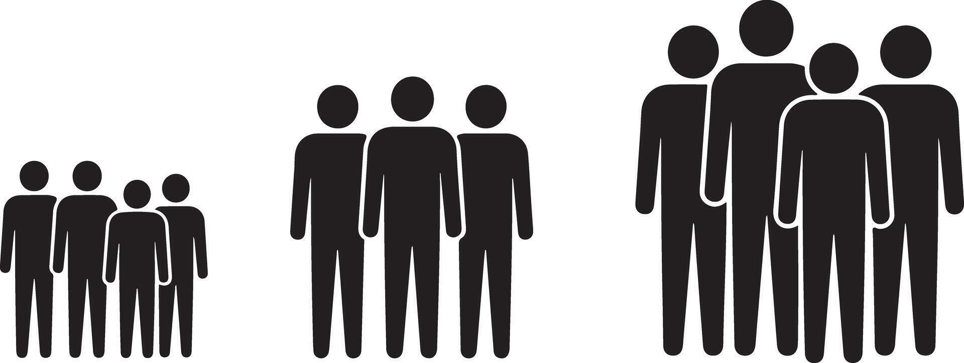 Black Silhouettes of People Groups Showing Varying Sizes Three Groups of Simple Human Figures in Black on White Background Illustrating Growth or Team vector