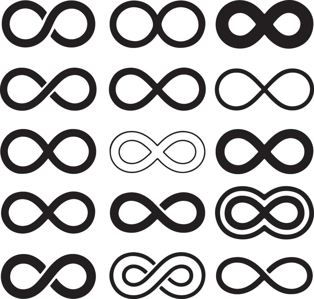 Collection of fifteen black infinity symbols graphics various thicknesses and styles lemniscate loop shapes endless eternity concept design elements vector