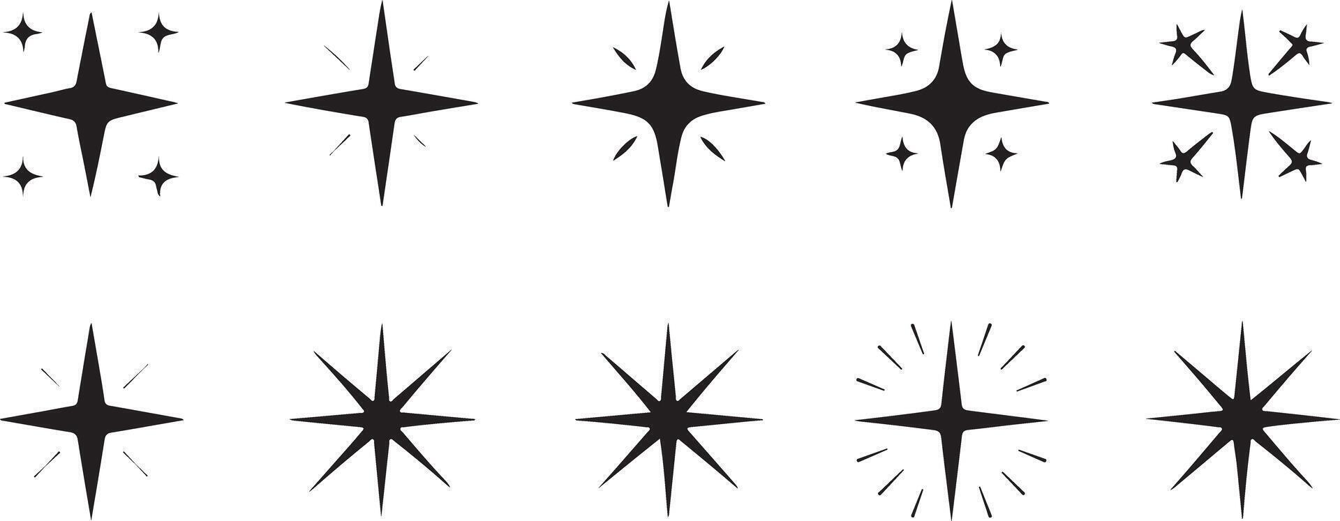 Collection of Ten Black Starburst Silhouettes Graphics Various Sizes and Styles Simple Geometric Shapes Isolated on White Background Design vector