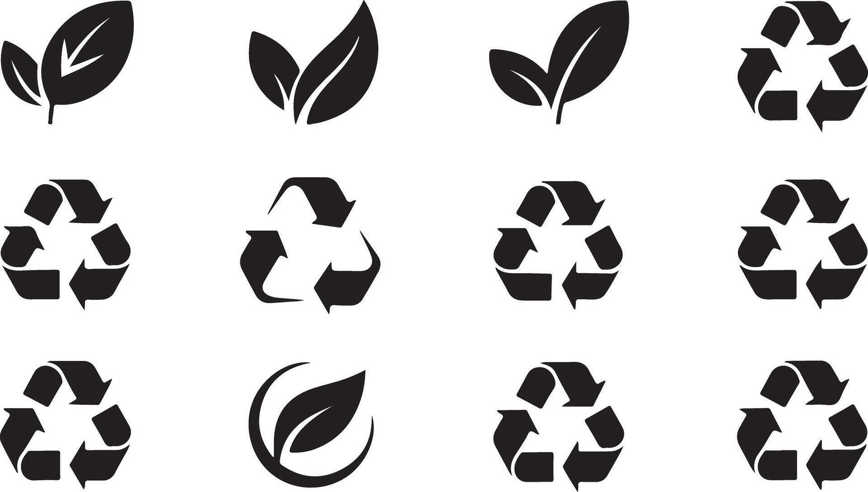Black and White Traced Recycling Symbols and Leaf Icons Set Twelve Eco Friendly Graphic Elements Simple Flat Design Illustrations vector