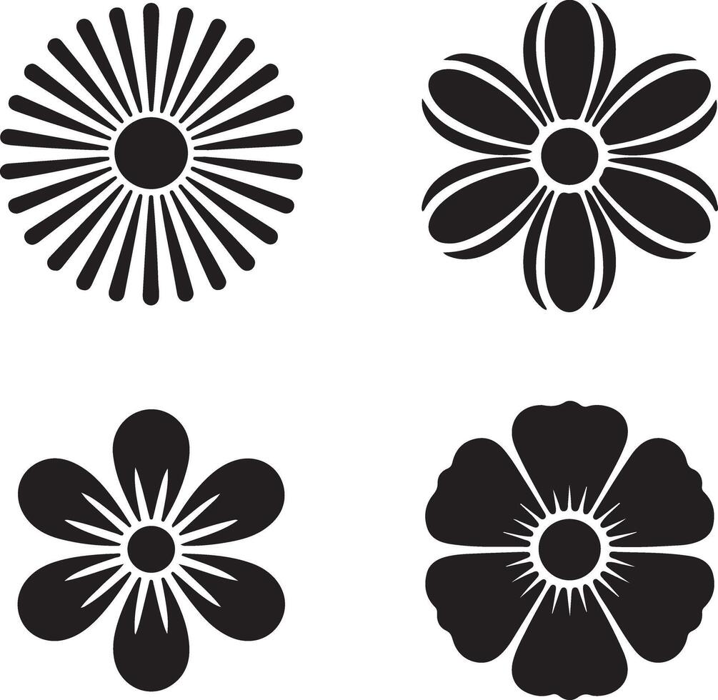 Black Flower Icon Set Four Simple Floral Designs Isolated on White Background Graphics Black and White Flower Symbols vector
