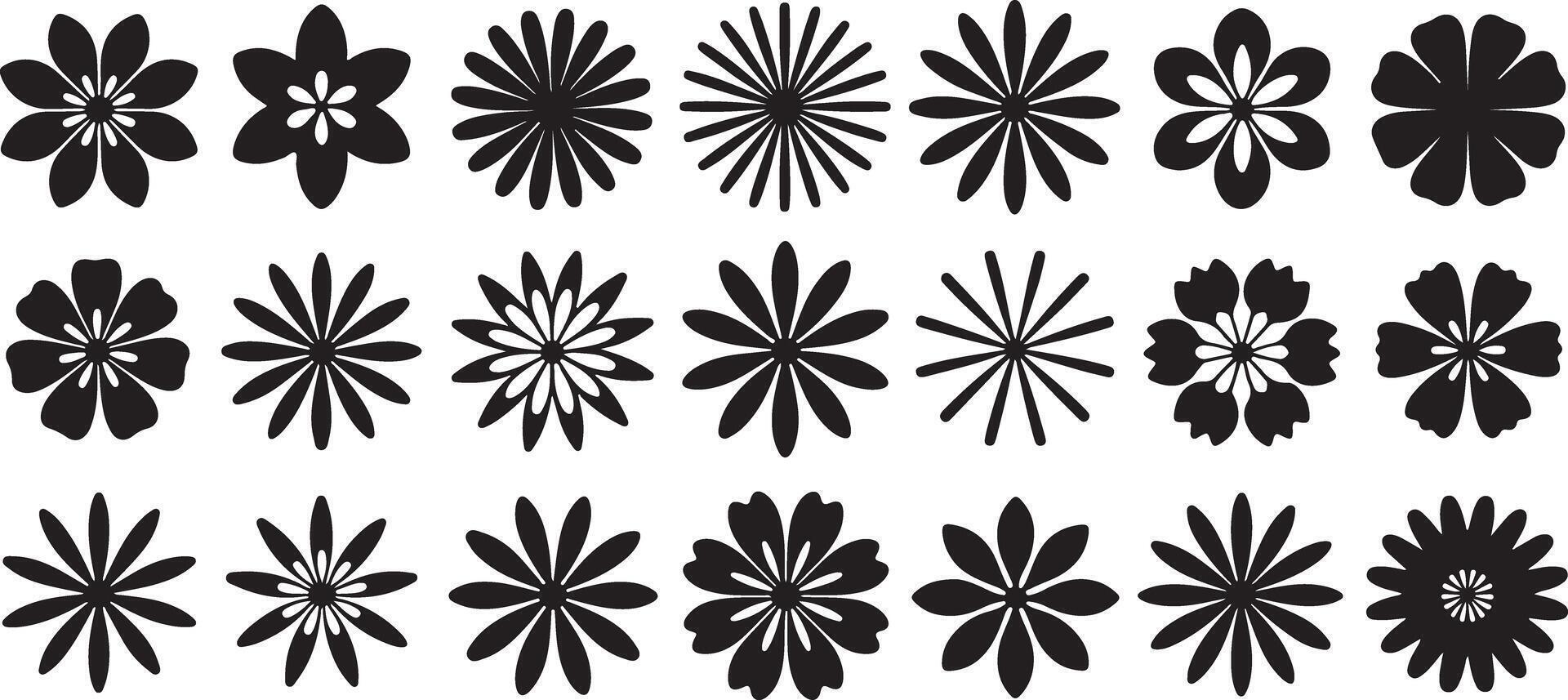 Black and White Flower Set Nine Traced Floral Designs Simple Monochrome Botanical Illustrations Graphics Elements vector