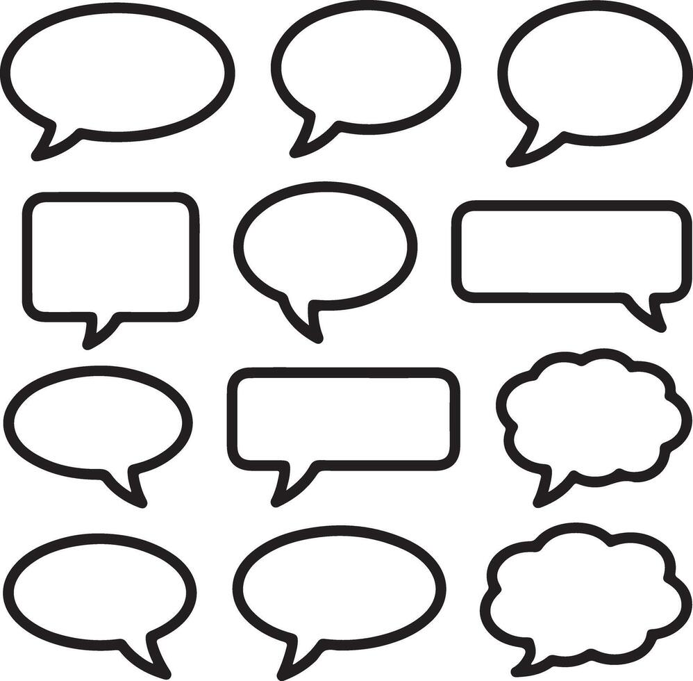 Twelve Black Outline Speech Bubbles Various Shapes and Sizes White Fill Graphic Design Elements for Communication Conversation Dialogue Text vector