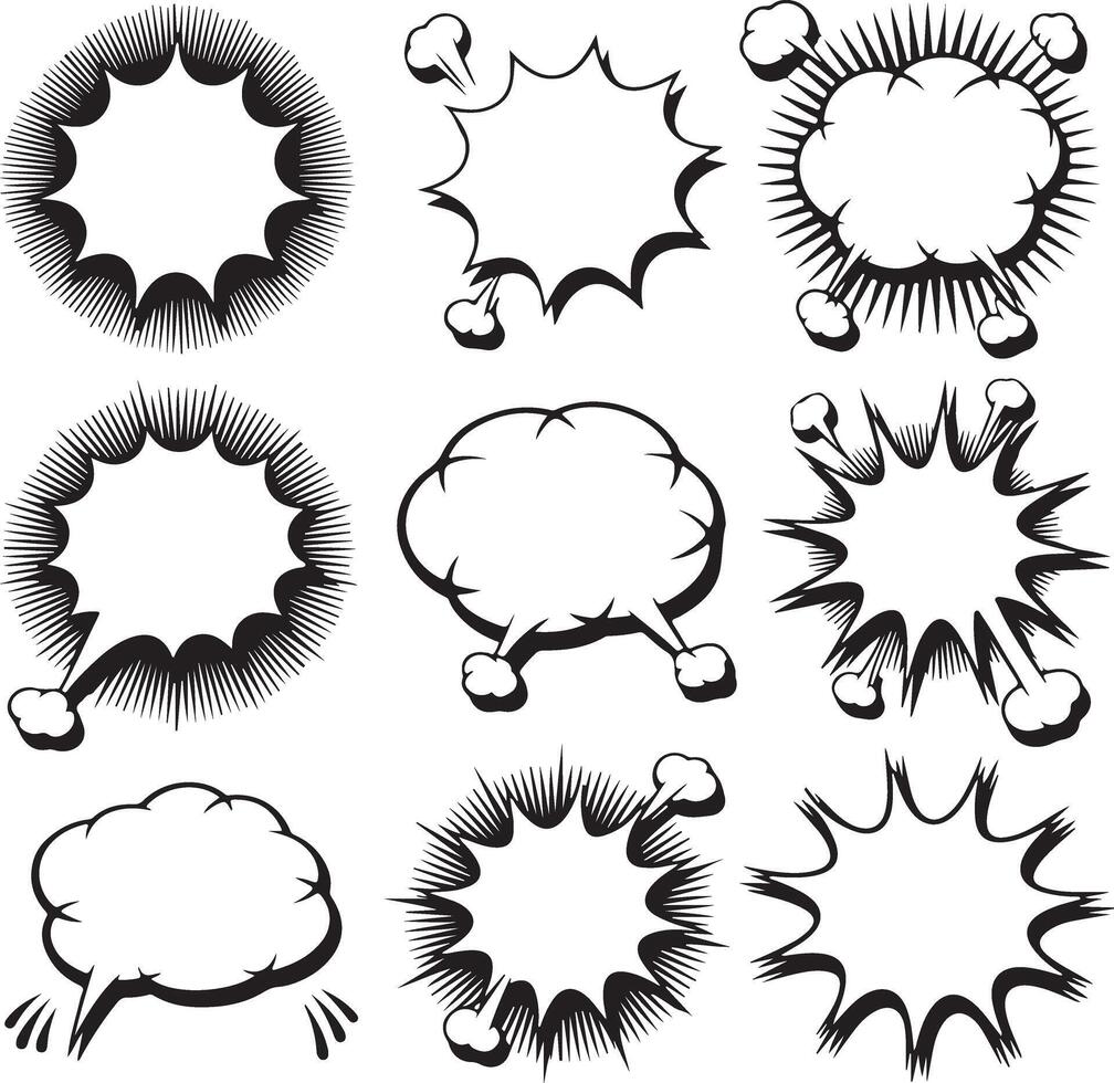 Twelve Black and White Comic Book Style Speech Bubbles and Explosion Shapes Graphic Set Empty Text Boxes for Dialogues and Effects vector