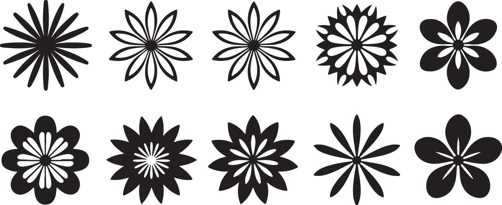 Ten Black and White Floral Designs Set Traced Line Art Graphic Elements Simple Flower Icons Illustrations vector