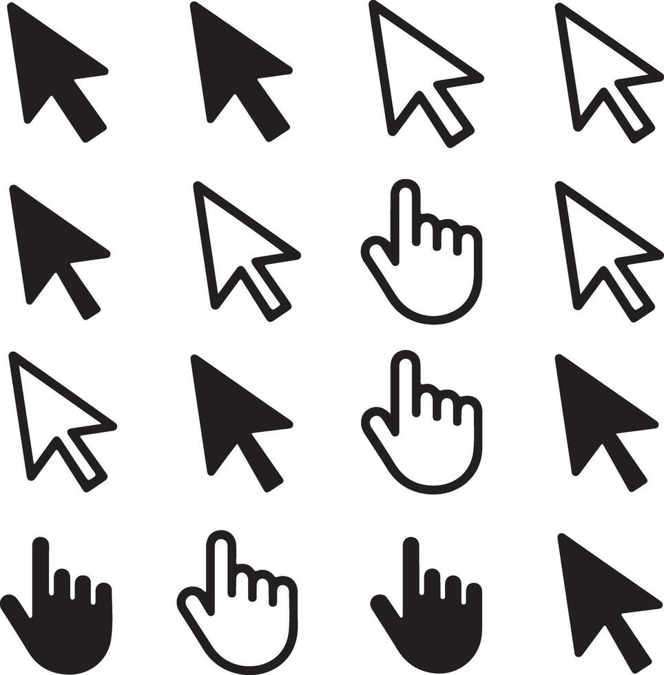 Collection of Black and White Cursor Icons Including Arrow Cursors and Hand Cursors Indicating Clicking and Pointing Gestures for Digital vector