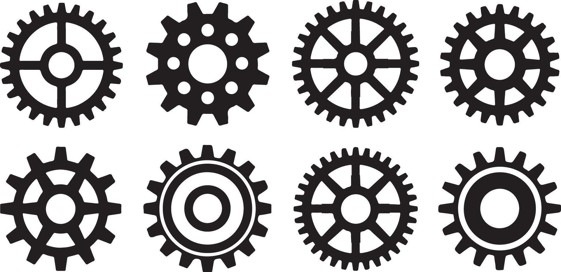 Eight Black Cogwheel Gear Silhouettes Varied Designs Traced Illustration Set gears vector