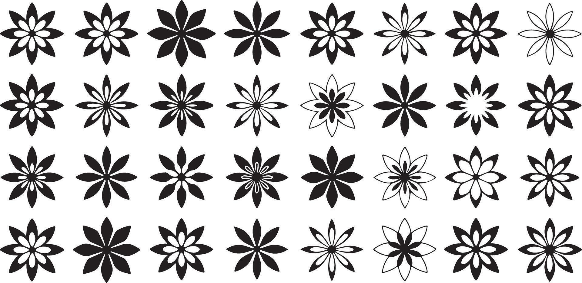 Thirty Six Black and White Traced Floral Designs Variations Symmetrical Flower Patterns Geometric Shapes Simple Elegant Style Graphic Elements vector