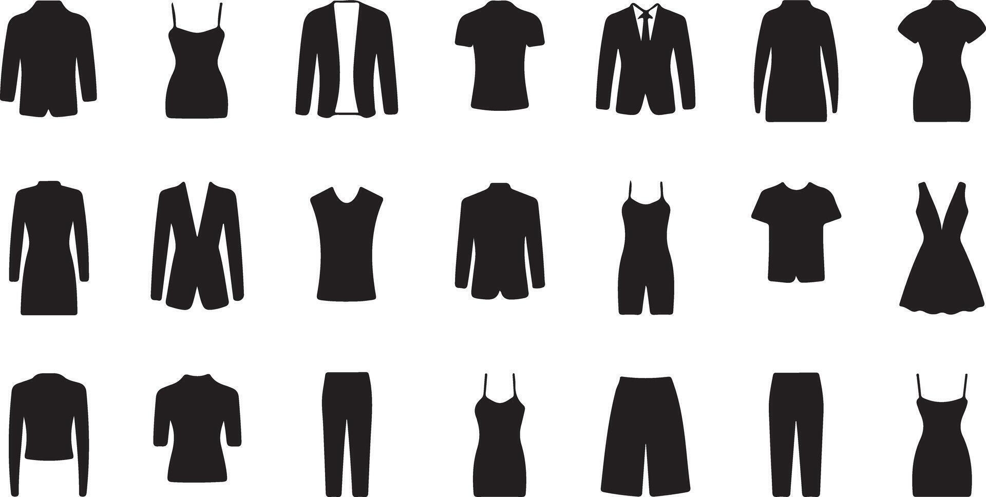 Black and White Traced Illustrations of Various Clothing Items Including Jackets Blazers Dresses Shirts and Pants vector