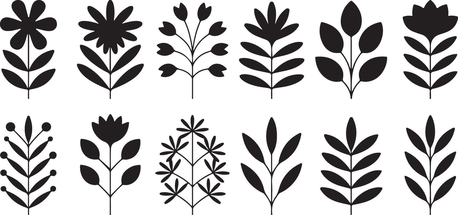 Twelve Black Silhouettes of Stylized Flowers and Plants Set on White Background Simple Floral Graphics Botanical Elements for Design Projects vector
