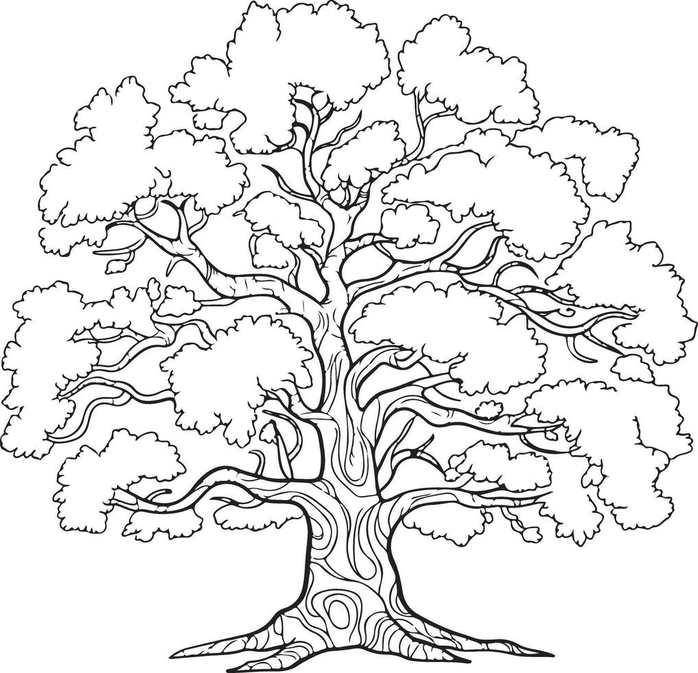 Detailed Line Art Silhouette of a Large Deciduous Tree with Abundant Foliage and a Textured Trunk Showing Intricate Branching Pattern and Root System vector