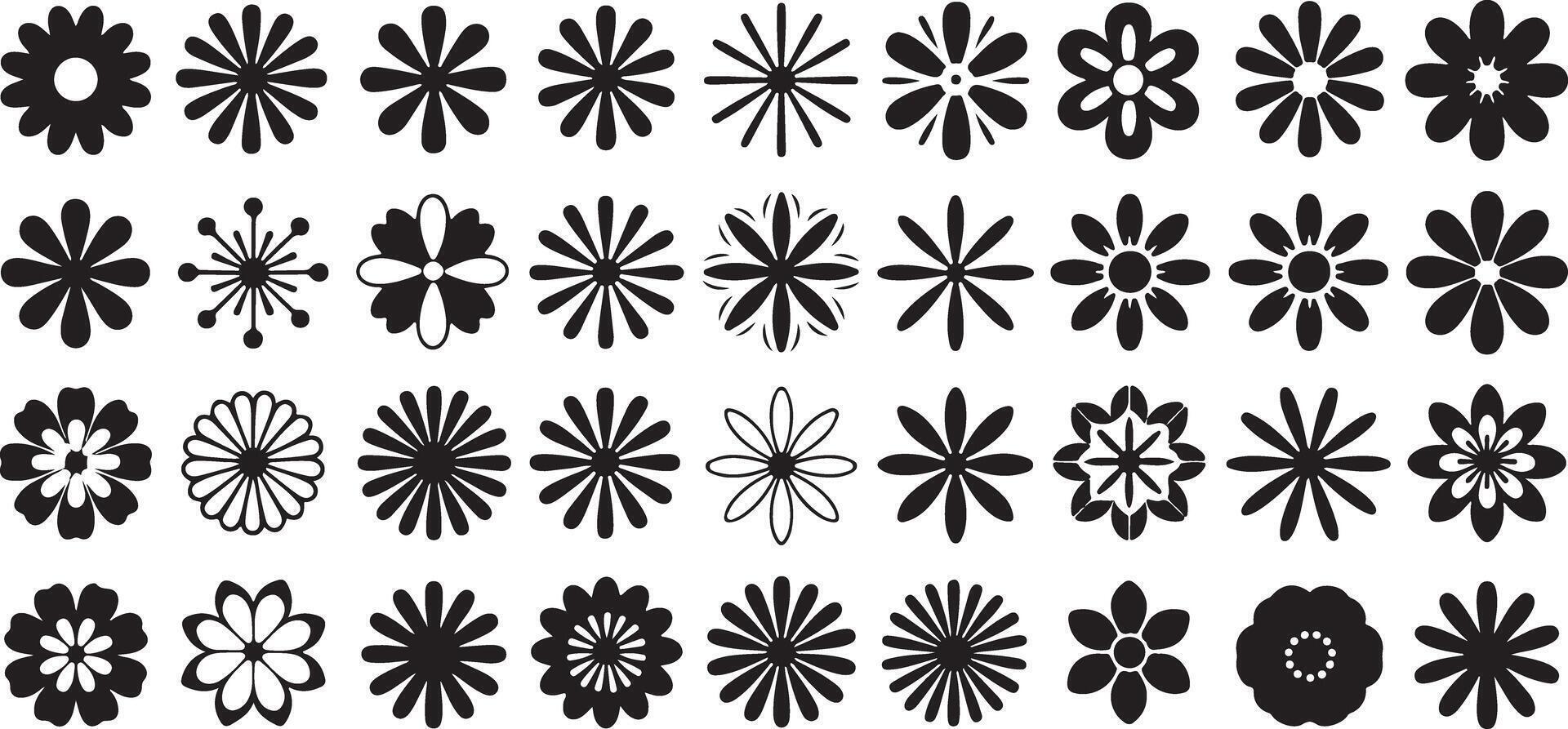 Thirty Six Black and White Flower Silhouettes Graphics Set Simple Floral Designs Elements Collection Various Shapes and Styles Isolated on vector